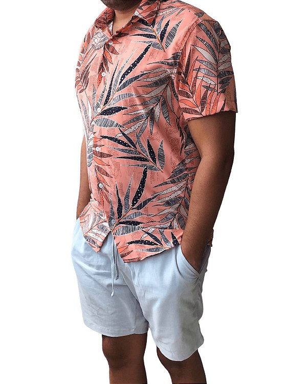 Camisa Masculina Estampada Tropical Rosa