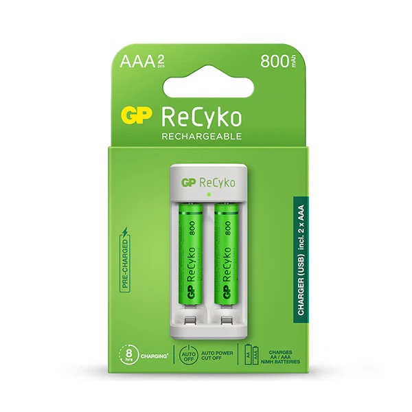 Carregador GP ReCyko USB c/ 2 Pilhas Recarregáveis AAA NiMH 800mAh GP