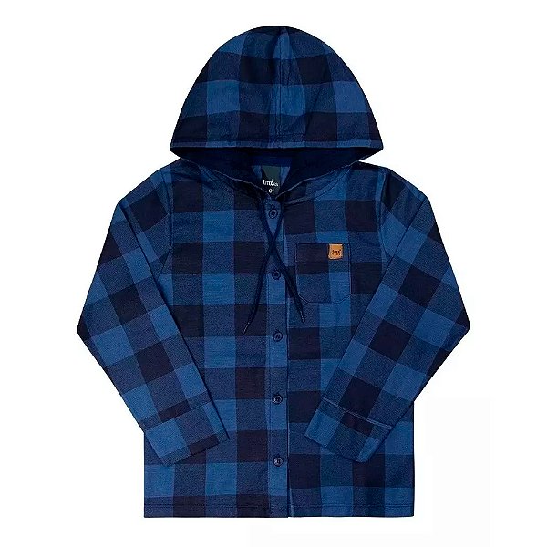 Camisa Infantil Flanelada Xadrez Azul Escuro com Capuz