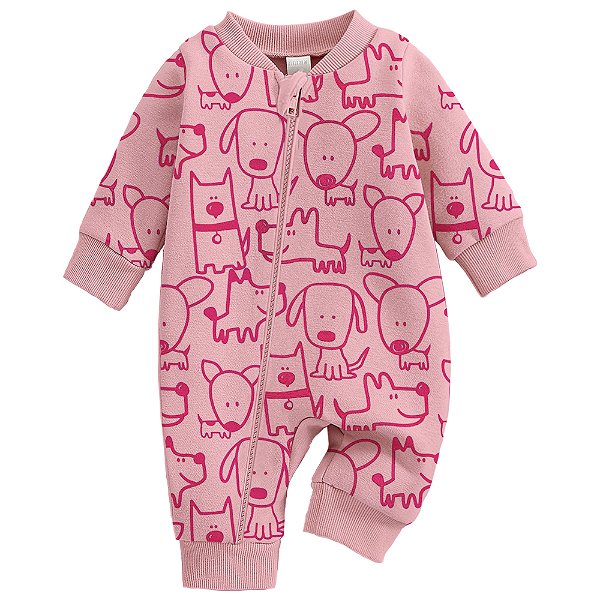 Macacão Bebê Suedine Rosa Cachorrinhos