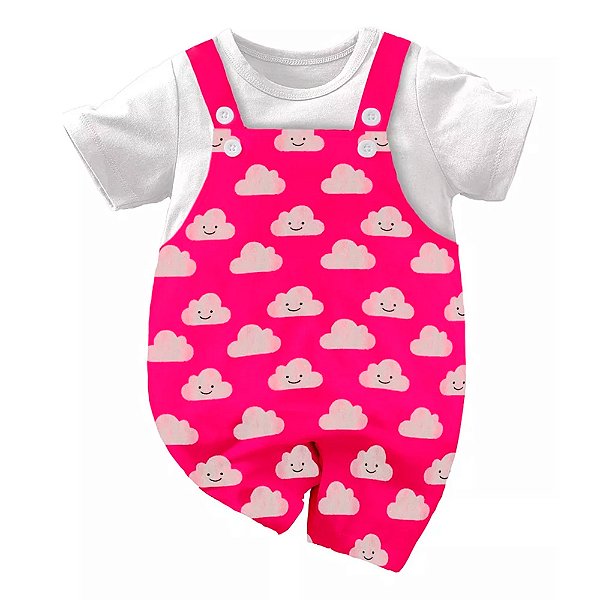 Conjunto Jardineira Menina Nuvens Rosa e Branco