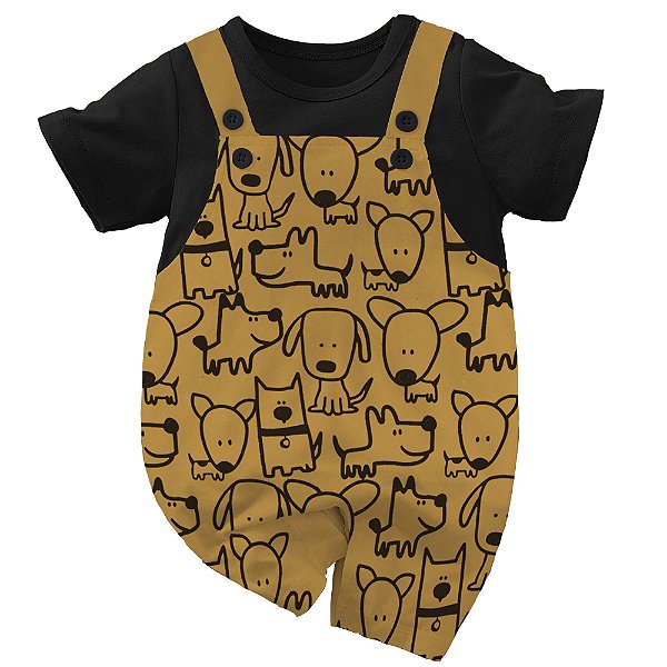 Conjunto Jardineira Menino Cachorrinho Caramelo e Preto