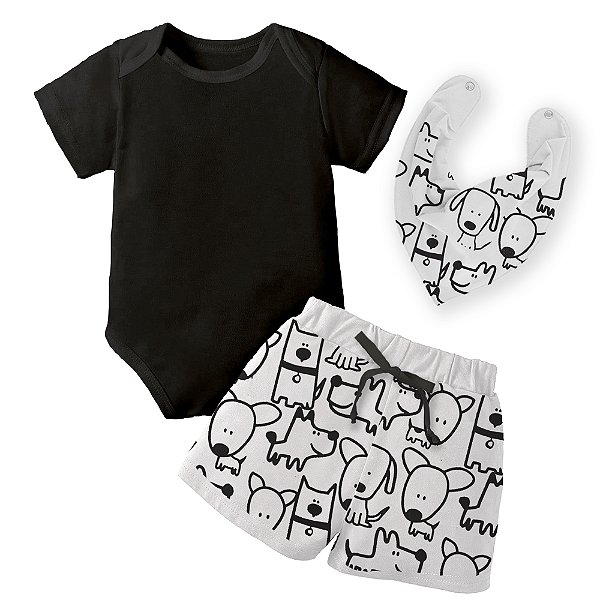 Conjunto de Bebê Menino Preto e Branco Cachorrinhos 3 Peças