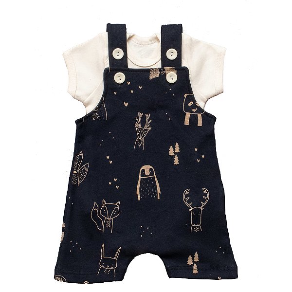 Conjunto Jardineira Menino Pets Floresta Preto e Branco