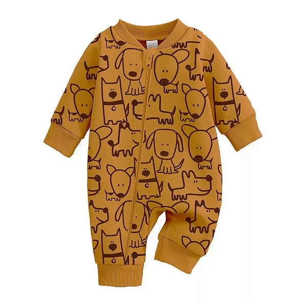 Macacão Bebê Suedine Caramelo Cachorrinhos