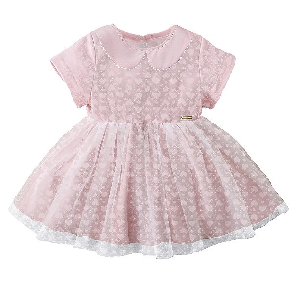 Vestido Infantil Menina Tule Rosa Corações