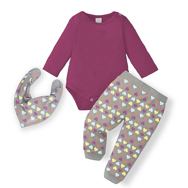 Conjunto Bebê Menina 3 Peças Corações Pink