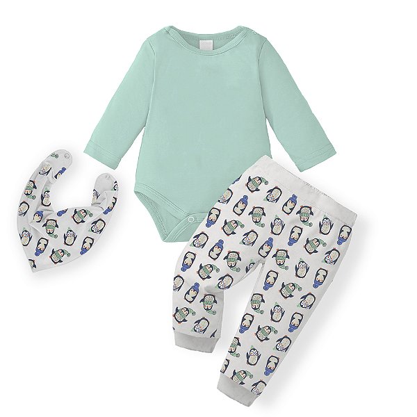 Conjunto Bebê Menino Body Calça Babador Pinguim