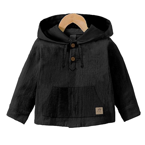 Camisa Infantil Manga Longa Com Capuz Preto