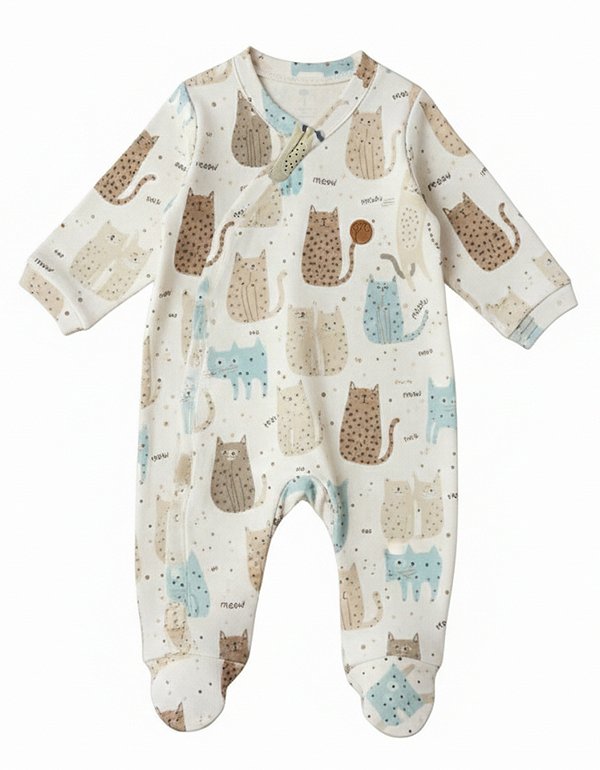 Macacão Bebê Suedine 100% Algodão com Zíper Invisível Meow - Antialérgico, Macacão Infantil Recém-Nascido Confortável Estampado