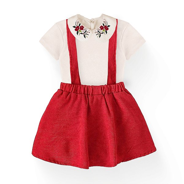 Conjunto Bebê Menina Body com Gola Natalina e Salopete Vermelha