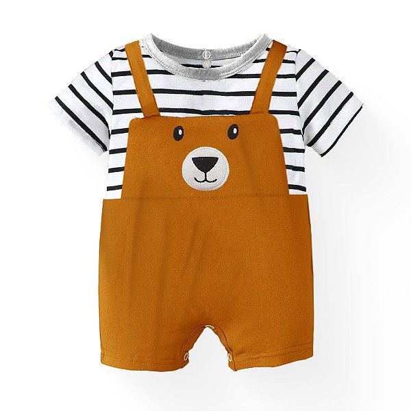 Macacão Jardineira Curta Ocre Bebê Ursinho Fofo
