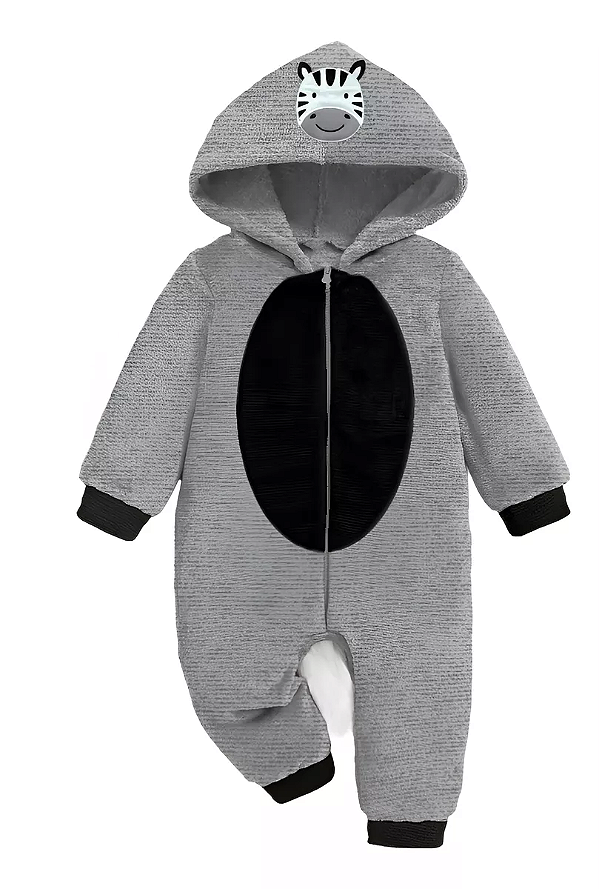 Macacão Bebê Menino com Capuz em Bouclê Zebrinha Cinza