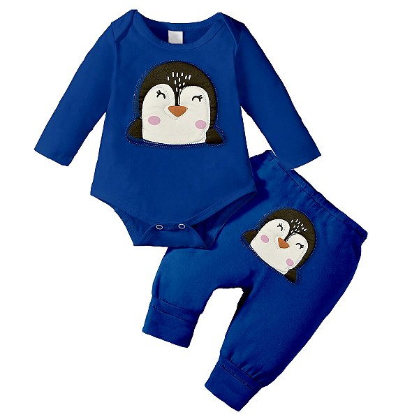 Conjunto Bebê Menino Body e Calça Azul Aplique Pinguim