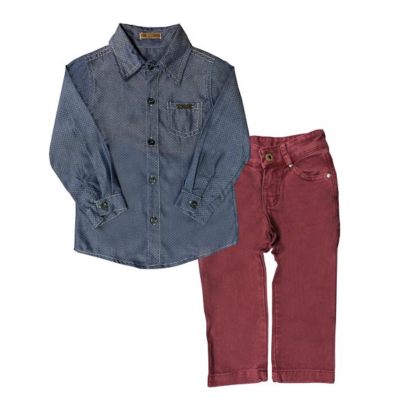 Conjunto Infantil Camisa Jeans e Calça Sarja Vinho