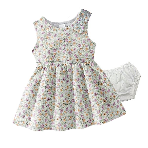 Vestido Infantil Bebê Menina Flores Lacinho e Calcinha