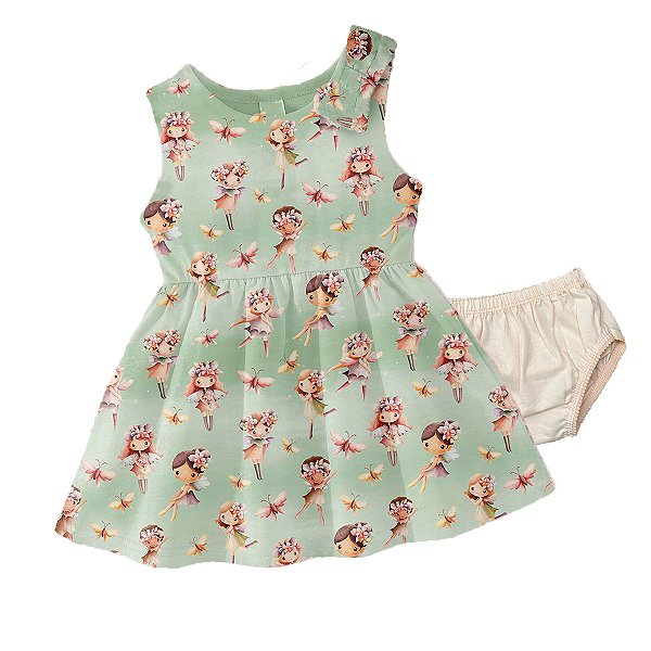 Vestido Infantil Bebê Menina Fadinhas Lacinho e Calcinha