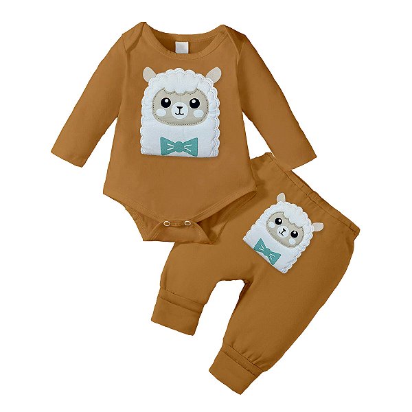 Conjunto Bebê Menino Body e Calça Marrom Aplique Ovelhinha