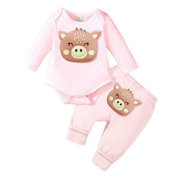 Conjunto Bebê Menina Body e Calça Rosa Claro Aplique Porquinho