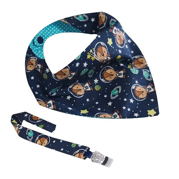 Babador Bandana Astronauta Dupla Face c/ Prendedor de Chupeta