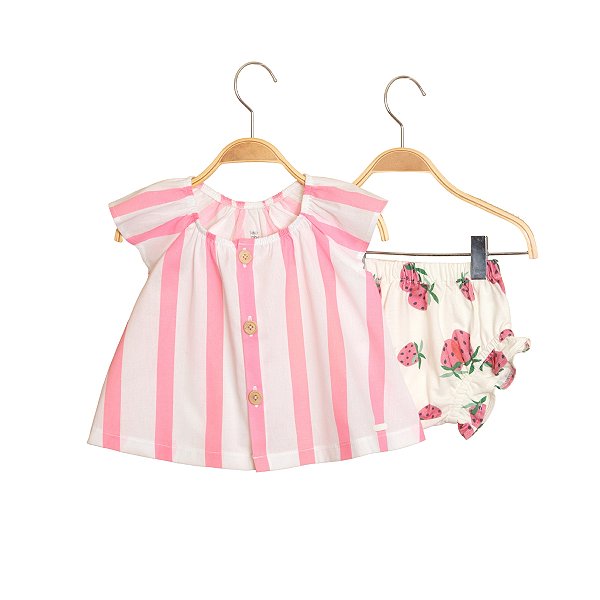 Conjunto Bebê Menina Bata Listrada e Shorts Moranguinho