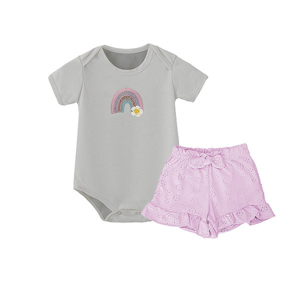 Conjunto Bebê Menina Body Arco Íris e Shorts em Laise