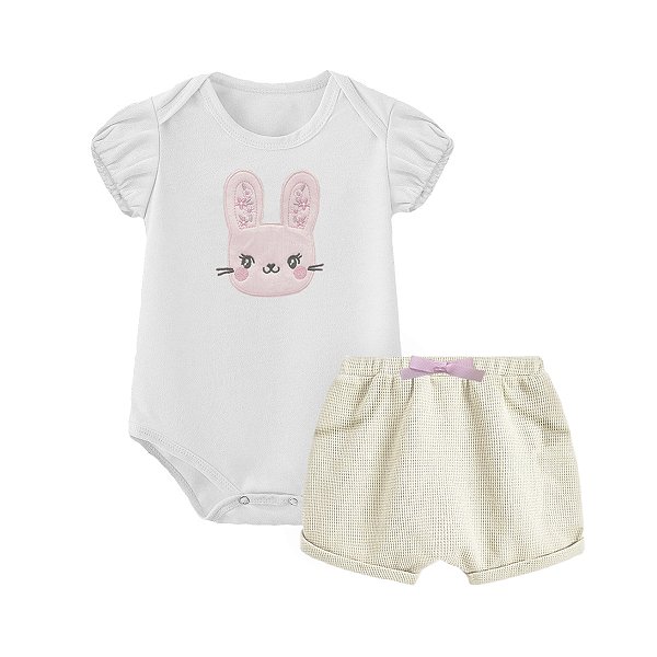 Conjunto Bebê Menina Body Coelhinha e Shorts com Lacinho