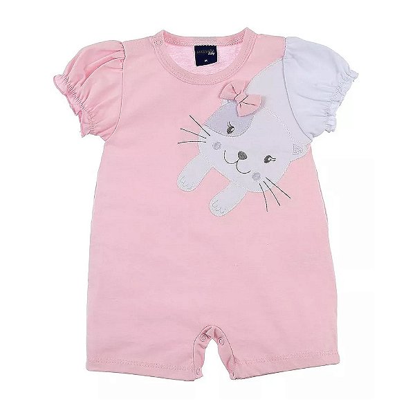 Macacão Bebê Curto Verão Rosa Gatinha