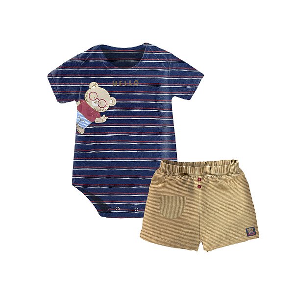 Conjunto Bebê Menino Body Listrado Ursinhos e Shorts Caramelo com Botões