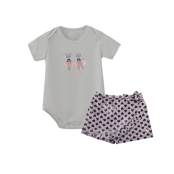 Conjunto Bebê Menina Body Cinza Bailarinas e Shorts Saia com Laço