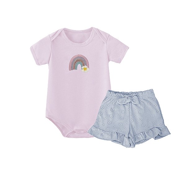 Conjunto Bebê Menina Body Arco Íris e Shorts em Laise Rosa
