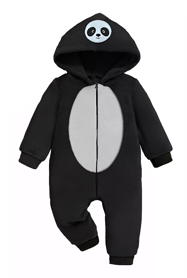 Macacão Bebê Menino com Capuz em Bouclê Pandinha Preto