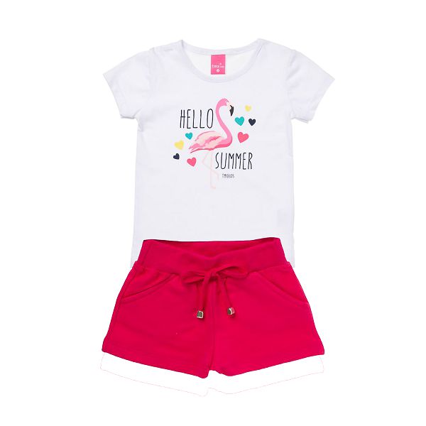 Conjunto Menina T-Shirt Branca Flamingo e Shorts