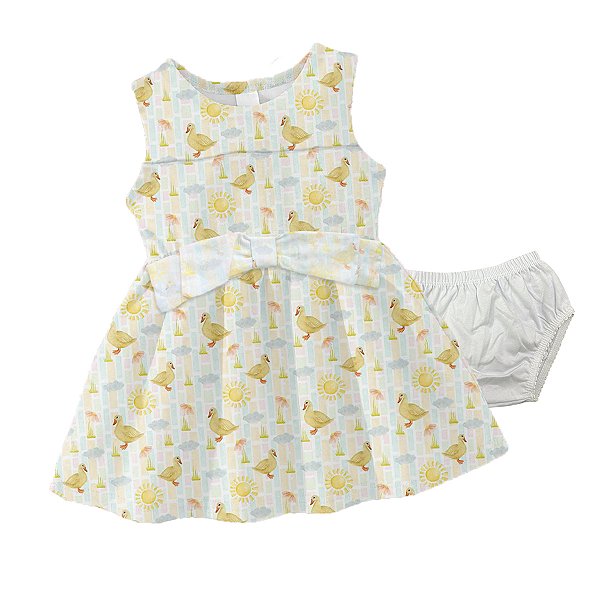 Vestido Infantil Bebê Menina Patinhos Lacinho e Calcinha
