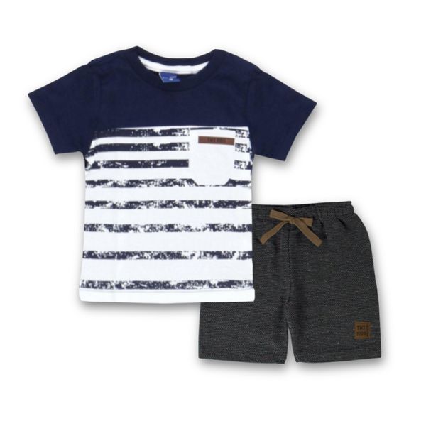 Conjunto Menino Camiseta Listrada e Bermuda Moletinho