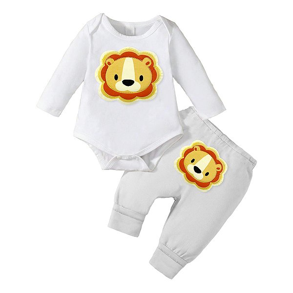 Conjunto Bebê Menino Body e Calça Branco Aplique Leãozinho