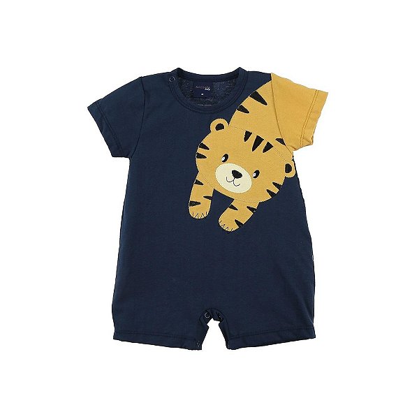 Macacão Bebê Curto Verão Azul Tigrinho