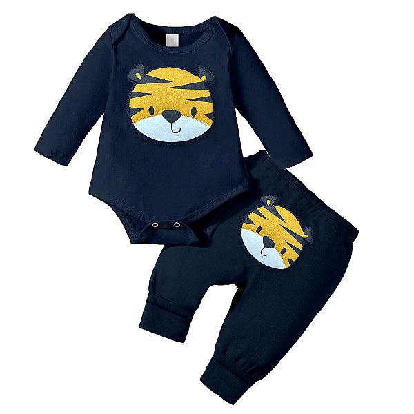 Conjunto Bebê Menino Body e Calça Azul Escuro Aplique Tigre