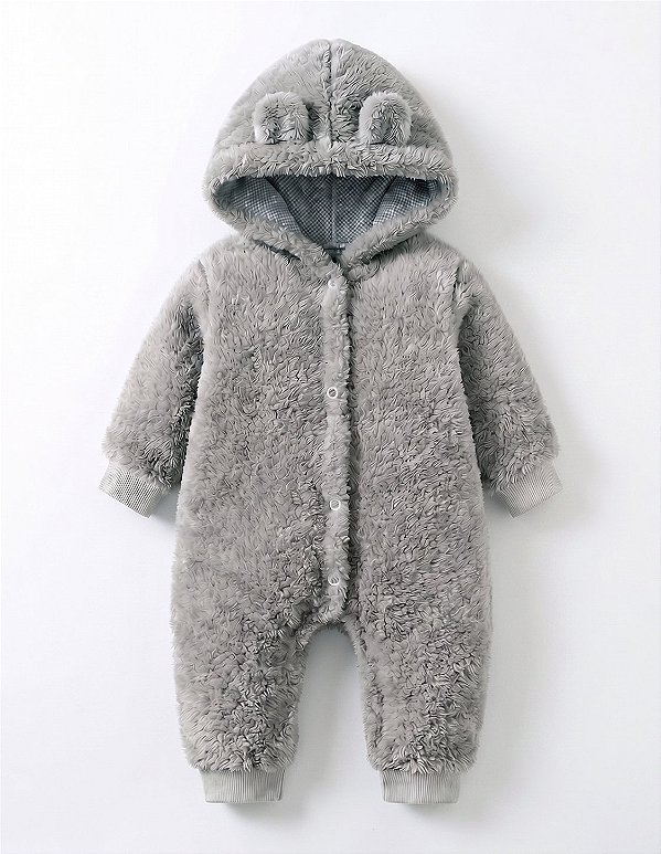 Macacão Bebê Teddy Peluciado com Capuz Cinza