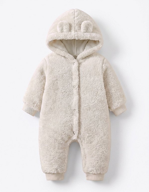 Macacão Bebê Teddy Peluciado com Capuz Creme