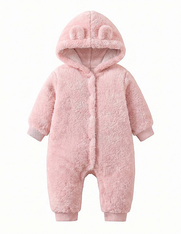 Macacão Bebê Teddy Peluciado com Capuz Rosa