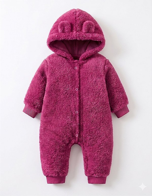 Macacão Bebê Teddy Peluciado com Capuz Pink