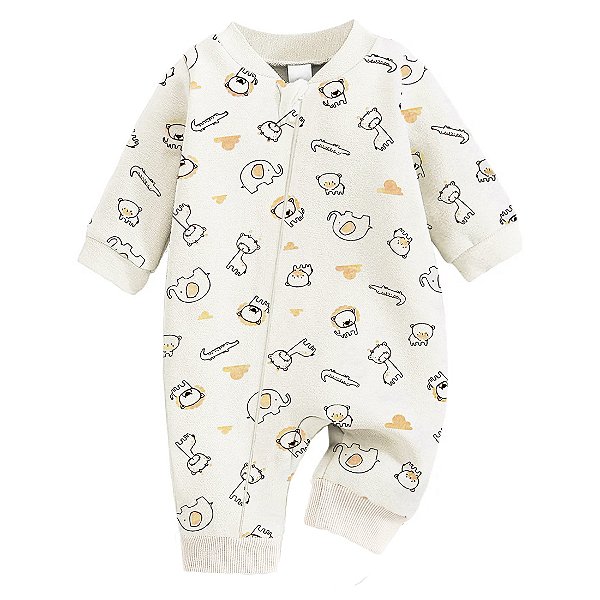 Macacão Bebê Suedine 100% Algodão Estampado Bichinhos Unissex Manga Longa Confortável