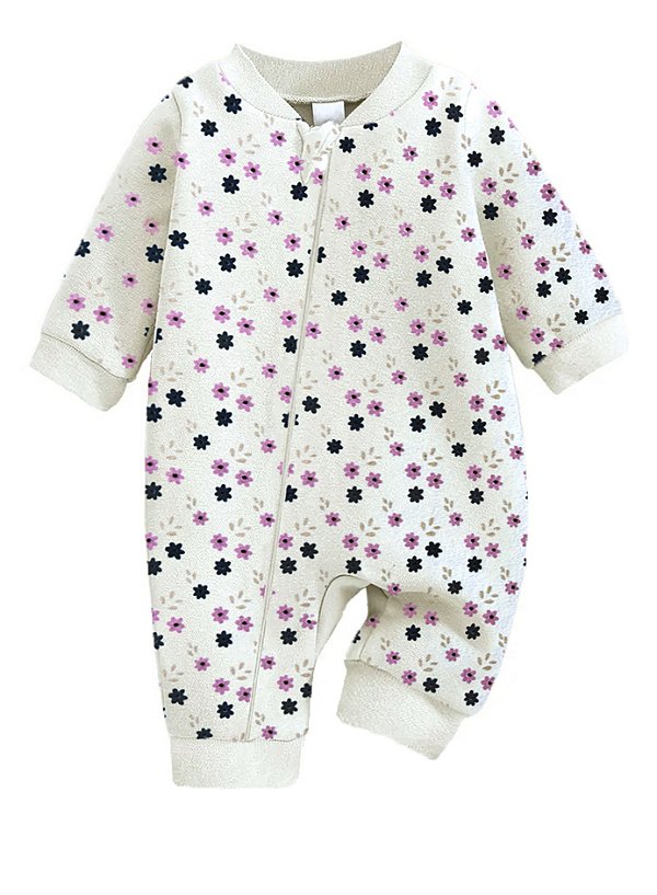 Macacão Bebê Suedine 100% Algodão Estampado Florzinhas Manga Longa Confortável