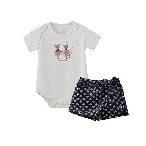 Conjunto Bebê Menina Body Bailarinas e Shorts Saia com Laço