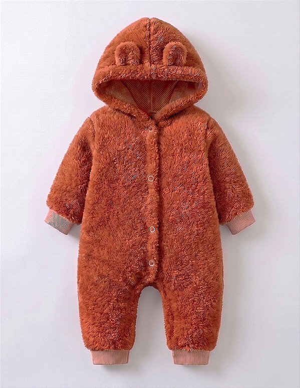 Macacão Bebê Teddy Peluciado com Capuz Laranja