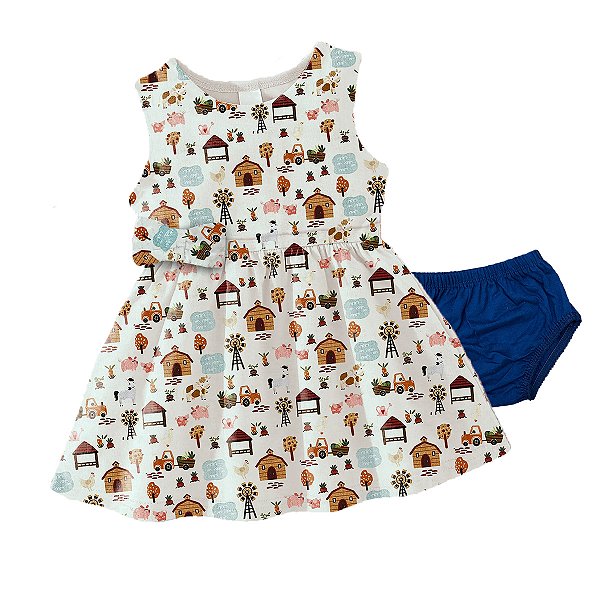 Vestido Infantil Bebê Menina Fazendinha Lacinho e Calcinha