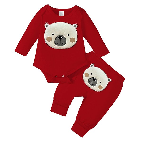 Conjunto Bebê Menino Body e Calça Vermelho Aplique Ursinho