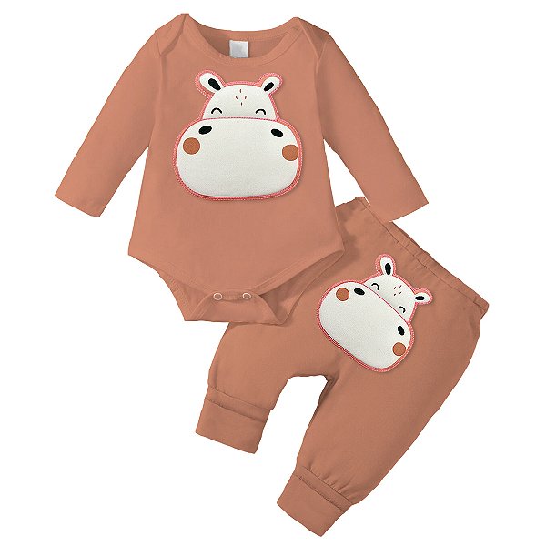 Conjunto Bebê Menina Body e Calça Nude Aplique Hipopótamo