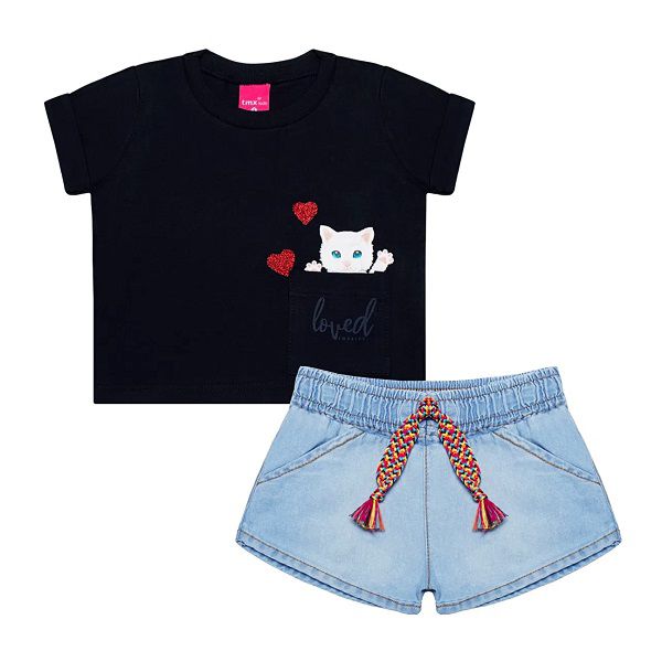 Conjunto Infantil T-shirt Gatinha Shorts Chambray
